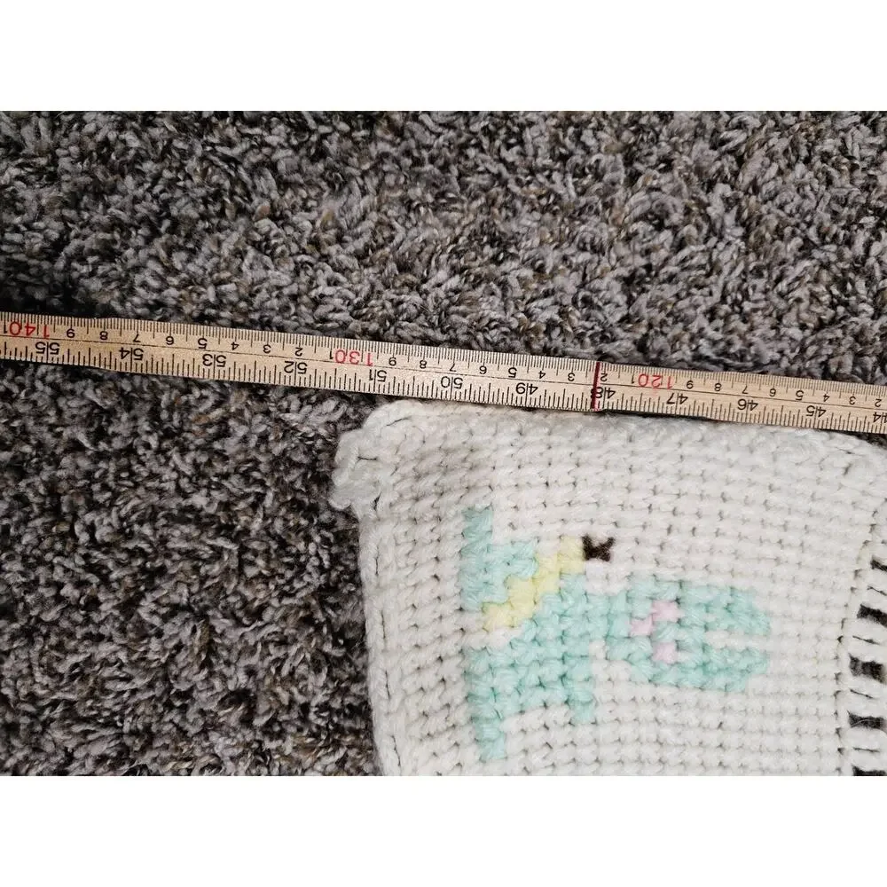 Vtg Hand Knitted Crocheted Baby Blanket Throw White w/Pastel Animals Cottagecore